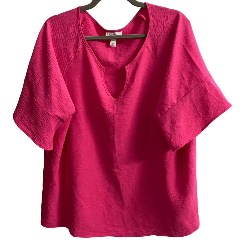 Morgan Taylor Womens 2X Fuchsia Pink Split Neck Short Sleeve Blouse 100192380W